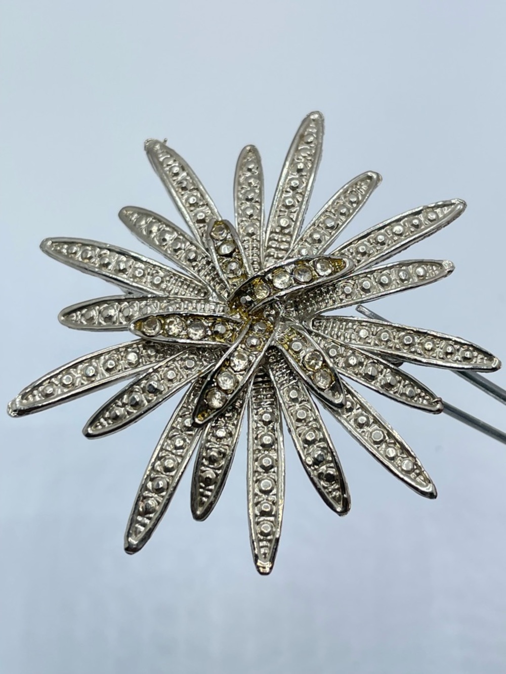 Vintage Starburst White Crystal Glass Rhinestone Brooch Silver Large Statement
